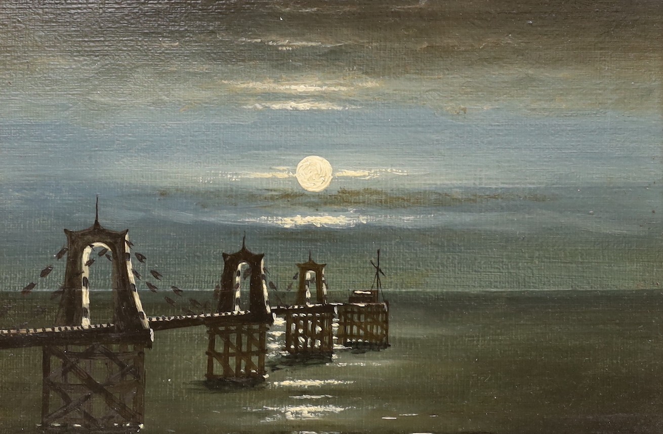 English School c.1800, pair of oils on canvas board, Primitive studies of the Brighton chain pier, 17 x 24cm